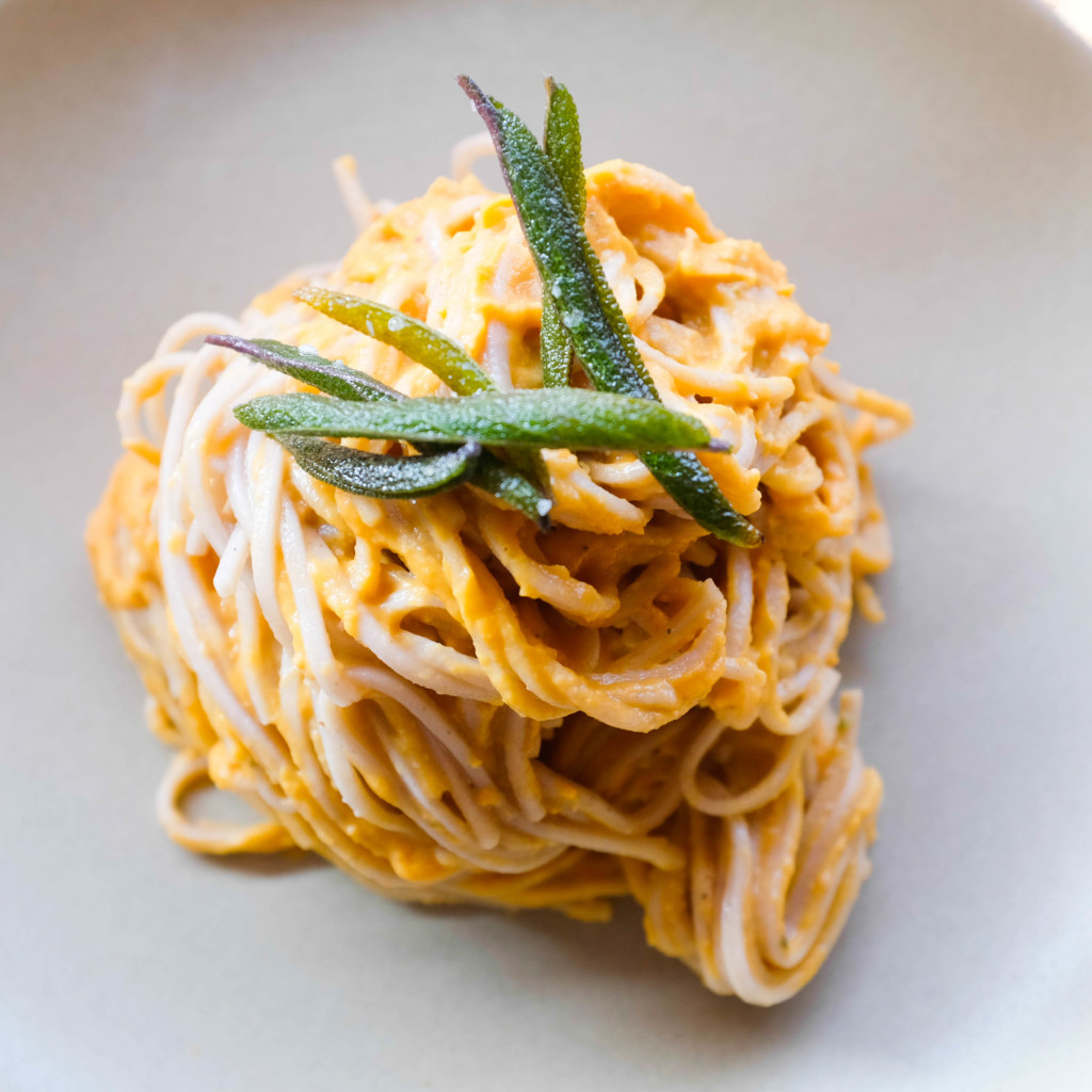 sweet potato pasta sauce with fried sage and buckwheat noodles