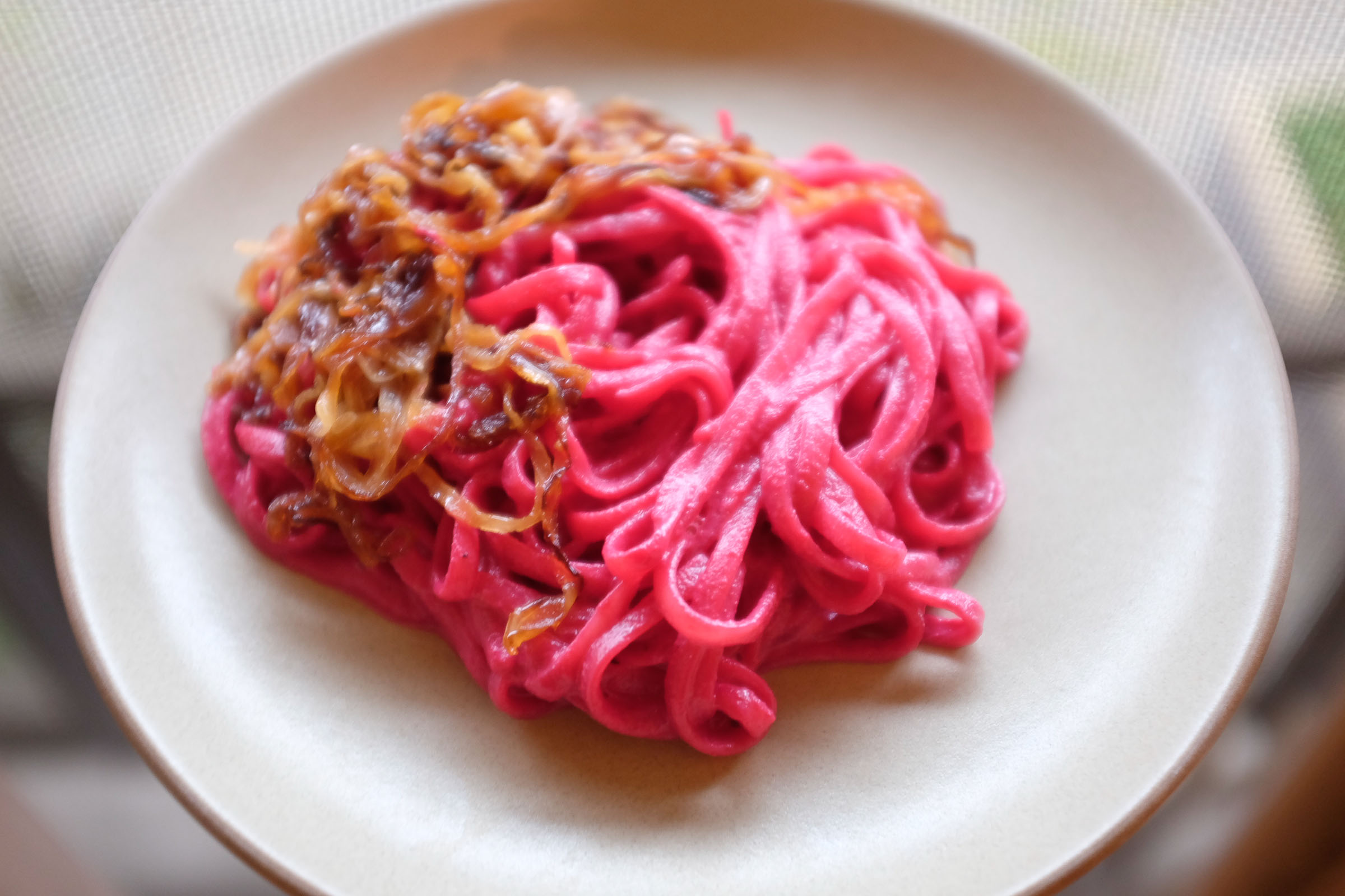 Linguine with Creamy Beet Sauce and Balsamic-Caramelized Onions