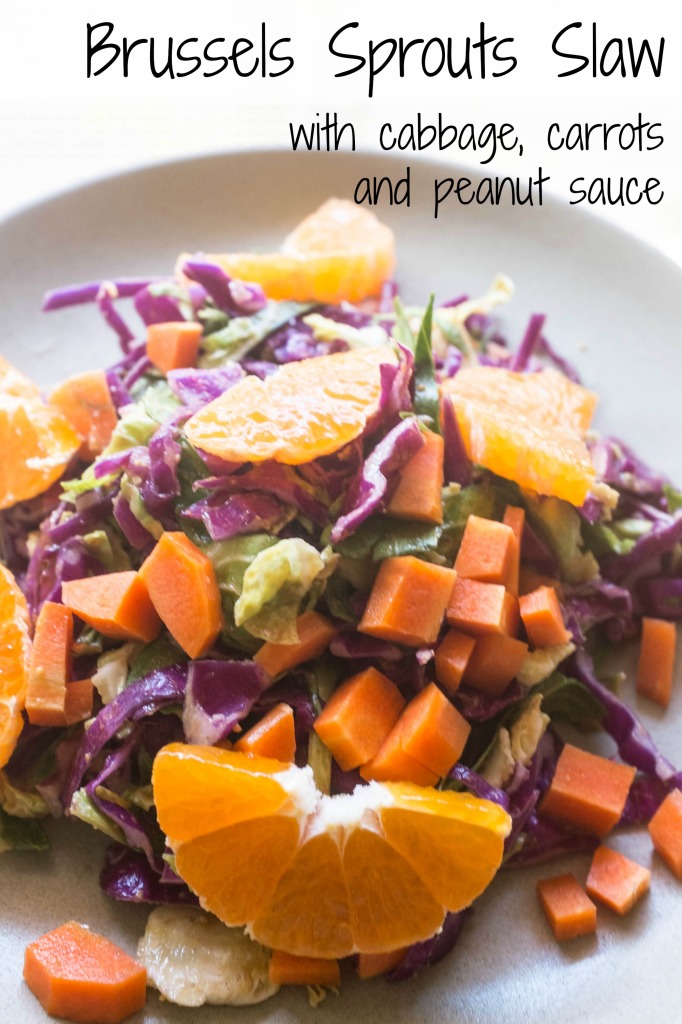 Brussels Sprouts Slaw with cabbage, carrots and peanut sauce- a delicious seasonal dish that is nourishing and filling