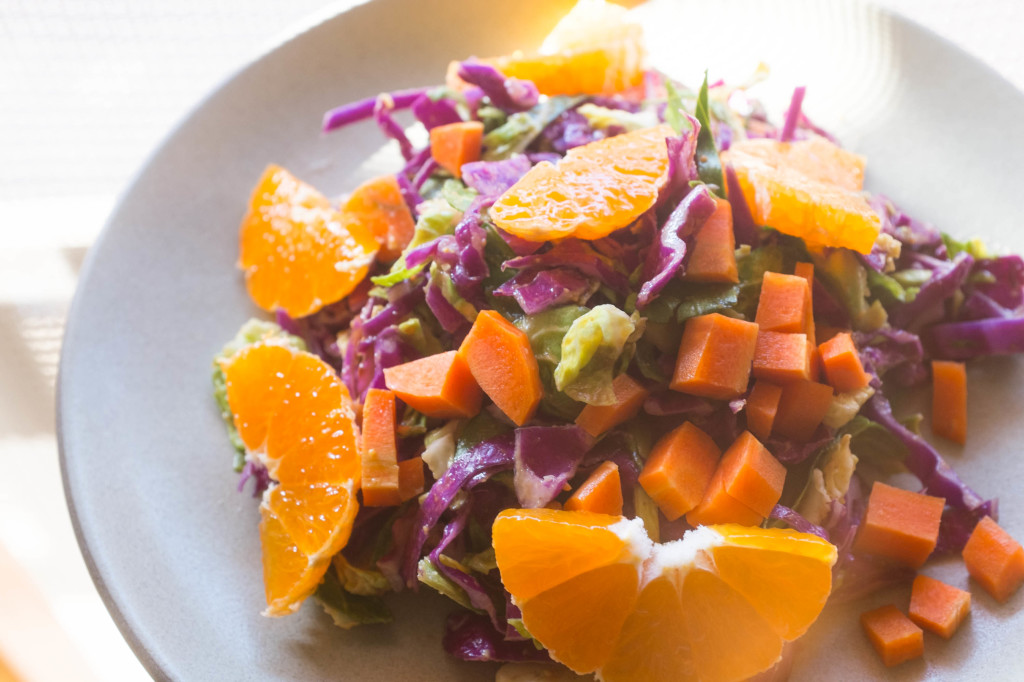 Peanut slaw with brussels sprouts, red cabbage and carrots